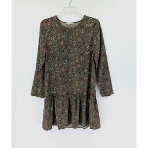 Cedar & Gold Drop Waist Shirt Dress Small Green Floral Flounce Dainty Cottage